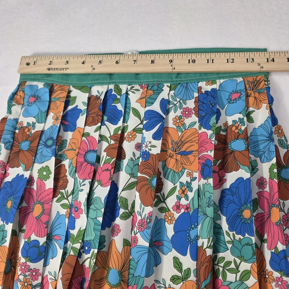Retro 60's 70's Style Pleated Floral Border Skirt‎ Mod Flower Power Midi Skirt L